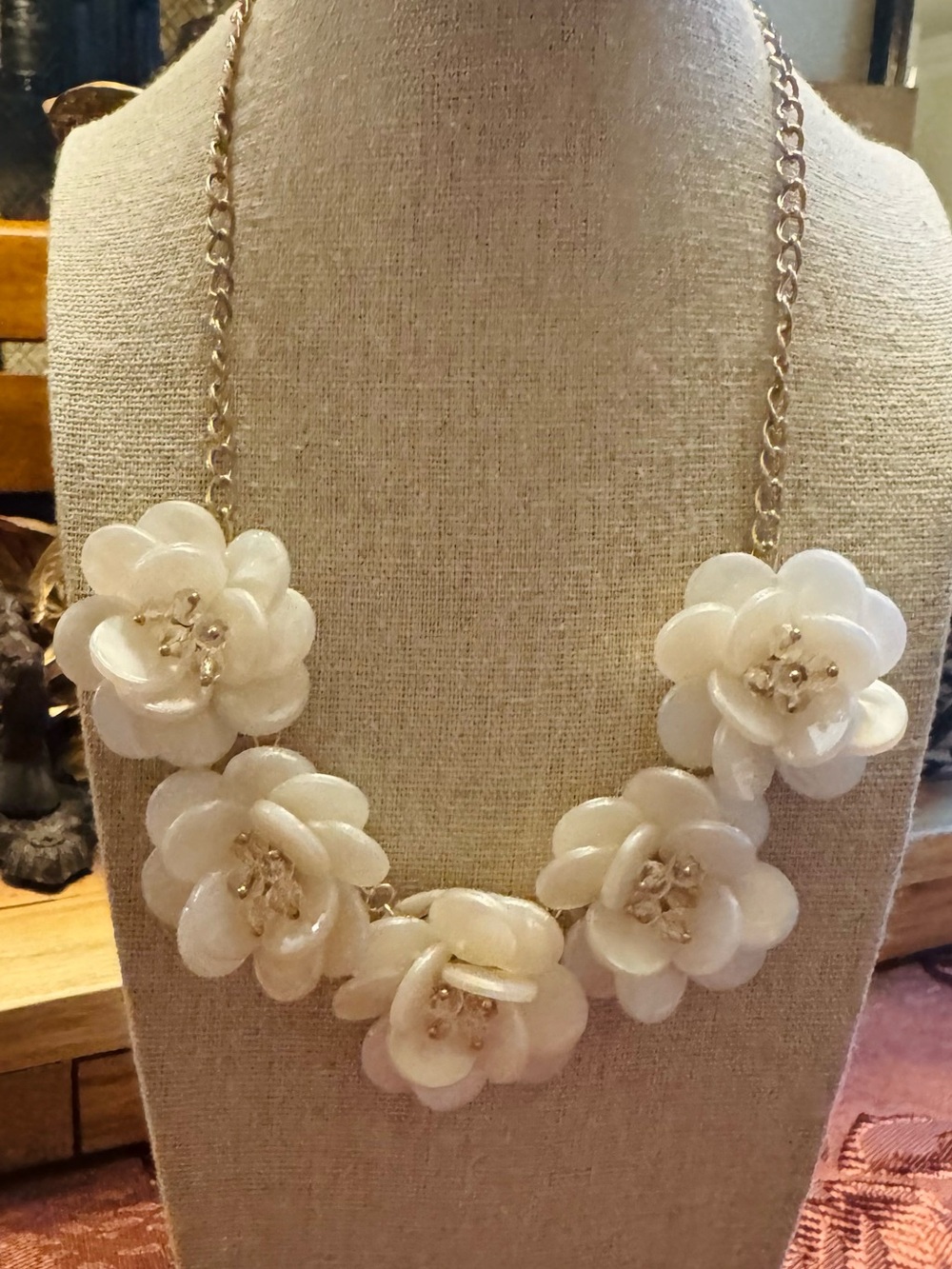 Vintage White Lucite Flower Statement Necklace Felt Backing Gold 1950s Wedding